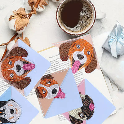 4Pcs Cute Smiling Dog PU Corner Cover Bookmark Diamond Painting Kits