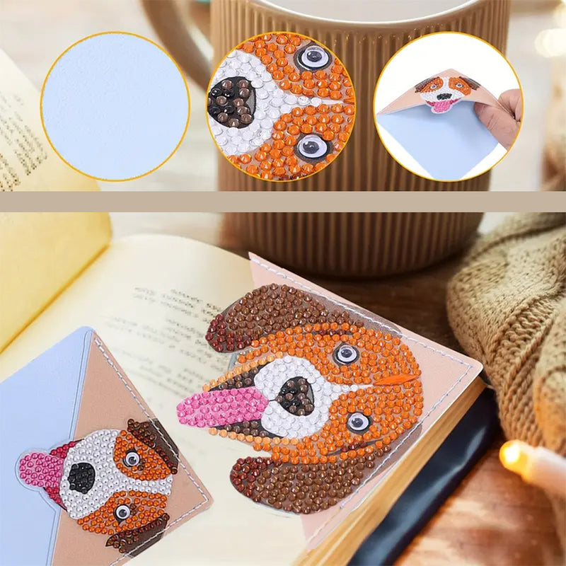 4Pcs Cute Smiling Dog PU Corner Cover Bookmark Diamond Painting Kits