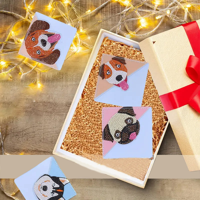 4Pcs Cute Smiling Dog PU Corner Cover Bookmark Diamond Painting Kits