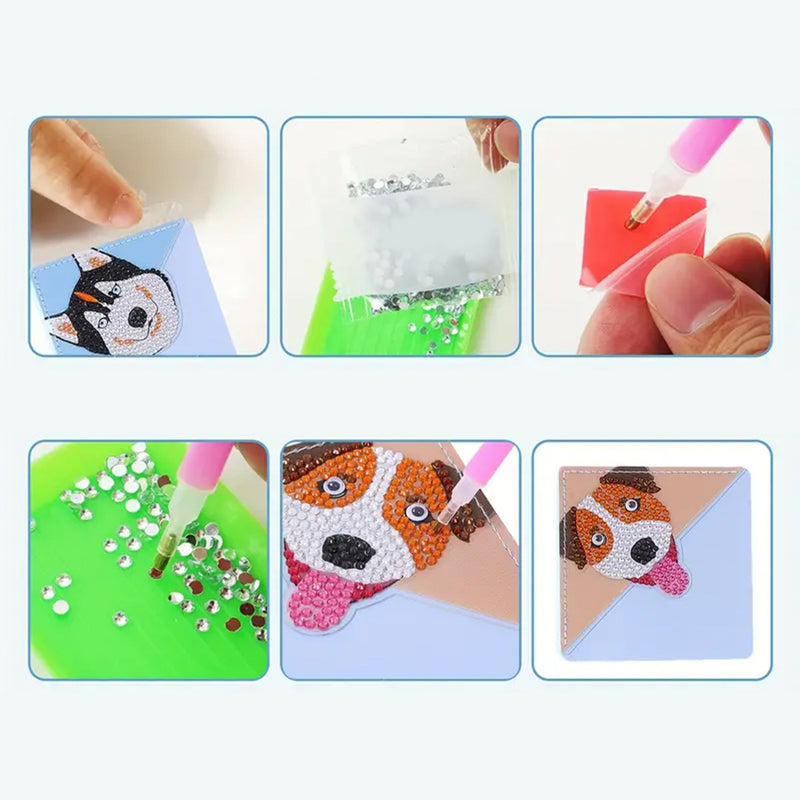 4Pcs Cute Smiling Dog PU Corner Cover Bookmark Diamond Painting Kits