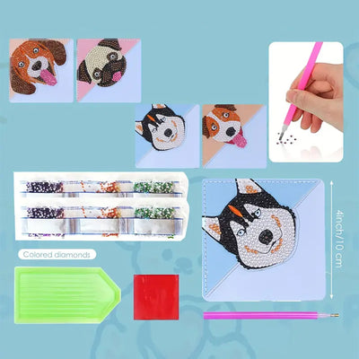 4Pcs Cute Smiling Dog PU Corner Cover Bookmark Diamond Painting Kits