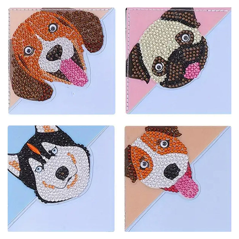 4Pcs Cute Smiling Dog PU Corner Cover Bookmark Diamond Painting Kits