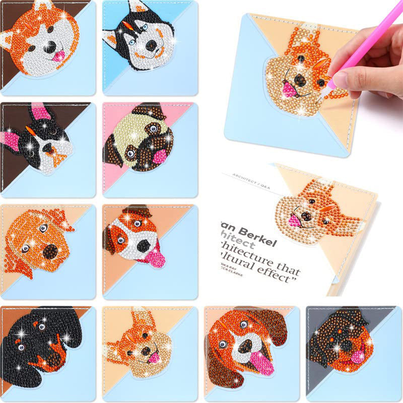 10Pcs Cute Smiling Dog PU Corner Cover Bookmark Diamond Painting Kits