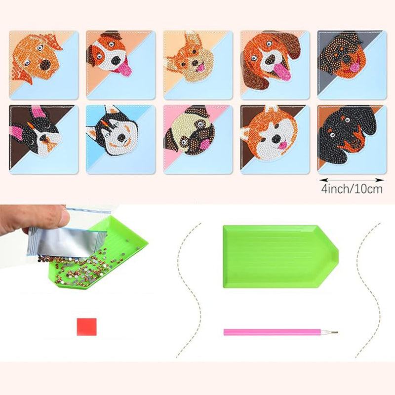 10Pcs Cute Smiling Dog PU Corner Cover Bookmark Diamond Painting Kits