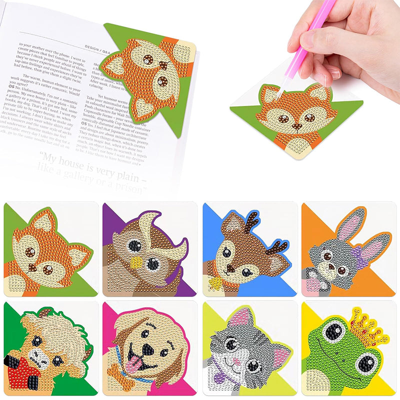 8pcs Happy Animals PU Corner Cover Bookmark Diamond Painting Kits