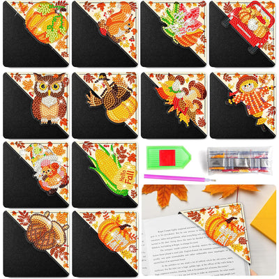 12Pcs Hello Fall PU Corner Cover Bookmark Diamond Painting Kits