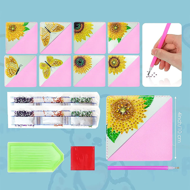 9Pcs Butterfly and Sunflower PU Corner Cover Bookmark Diamond Painting Kits