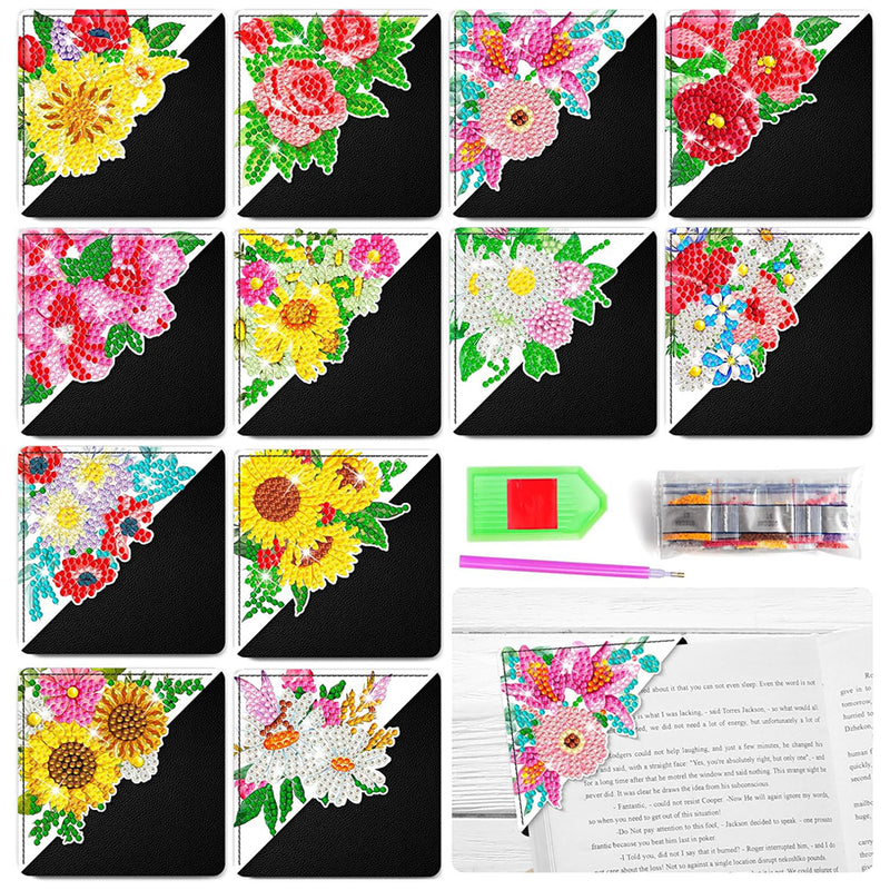 12Pcs Various Flowers PU Corner Cover Bookmark Diamond Painting Kits