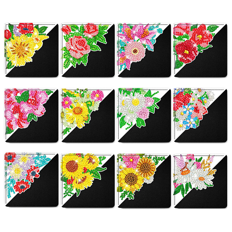 12Pcs Various Flowers PU Corner Cover Bookmark Diamond Painting Kits