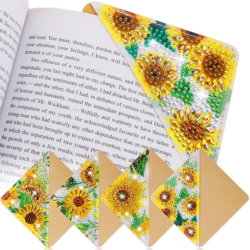 4Pcs Brilliant Sunflowers PU Corner Cover Bookmark Diamond Painting Kits