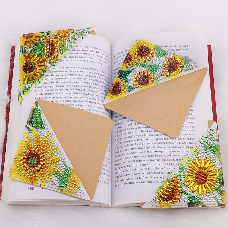 4Pcs Brilliant Sunflowers PU Corner Cover Bookmark Diamond Painting Kits