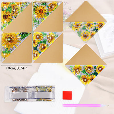 4Pcs Brilliant Sunflowers PU Corner Cover Bookmark Diamond Painting Kits