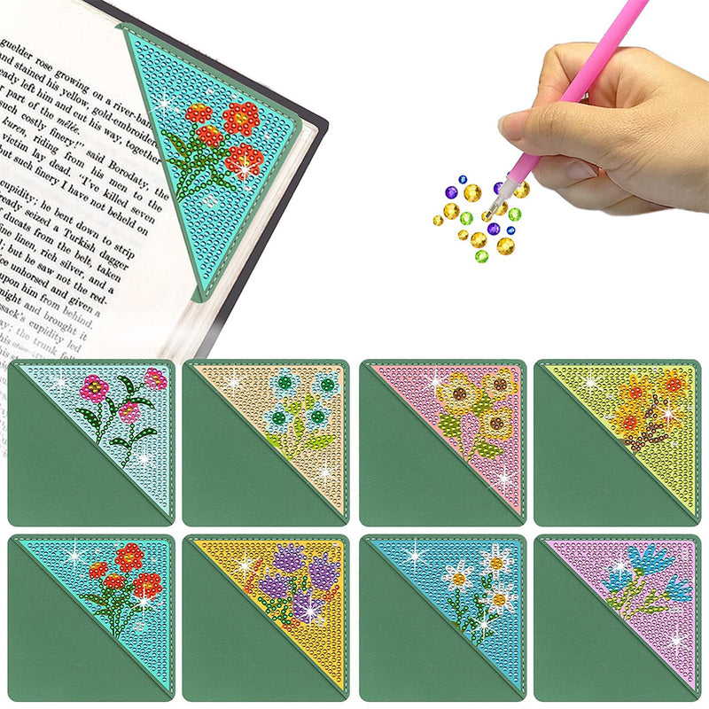 8Pcs Cute Little Flowers PU Corner Cover Bookmark Diamond Painting Kits