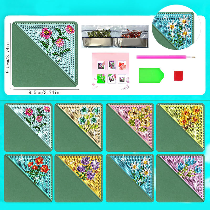 8Pcs Cute Little Flowers PU Corner Cover Bookmark Diamond Painting Kits