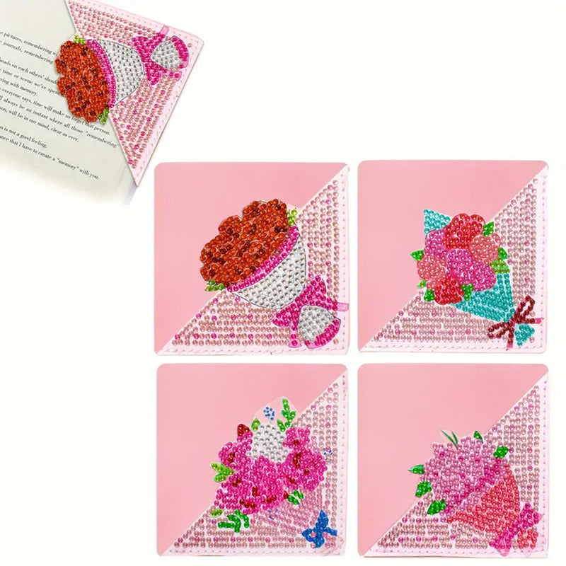 4Pcs Beautiful Flower Bouquet PU Corner Cover Bookmark Diamond Painting Kits