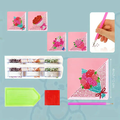 4Pcs Beautiful Flower Bouquet PU Corner Cover Bookmark Diamond Painting Kits