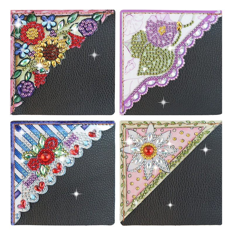 4Pcs Cute Flowers PU Corner Cover Bookmark Diamond Painting Kits