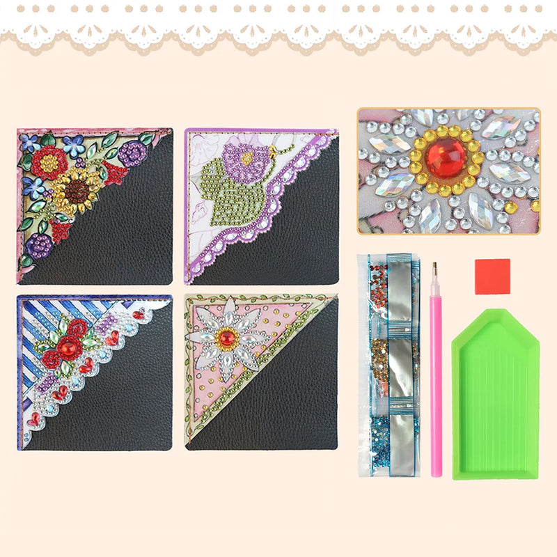 4Pcs Cute Flowers PU Corner Cover Bookmark Diamond Painting Kits