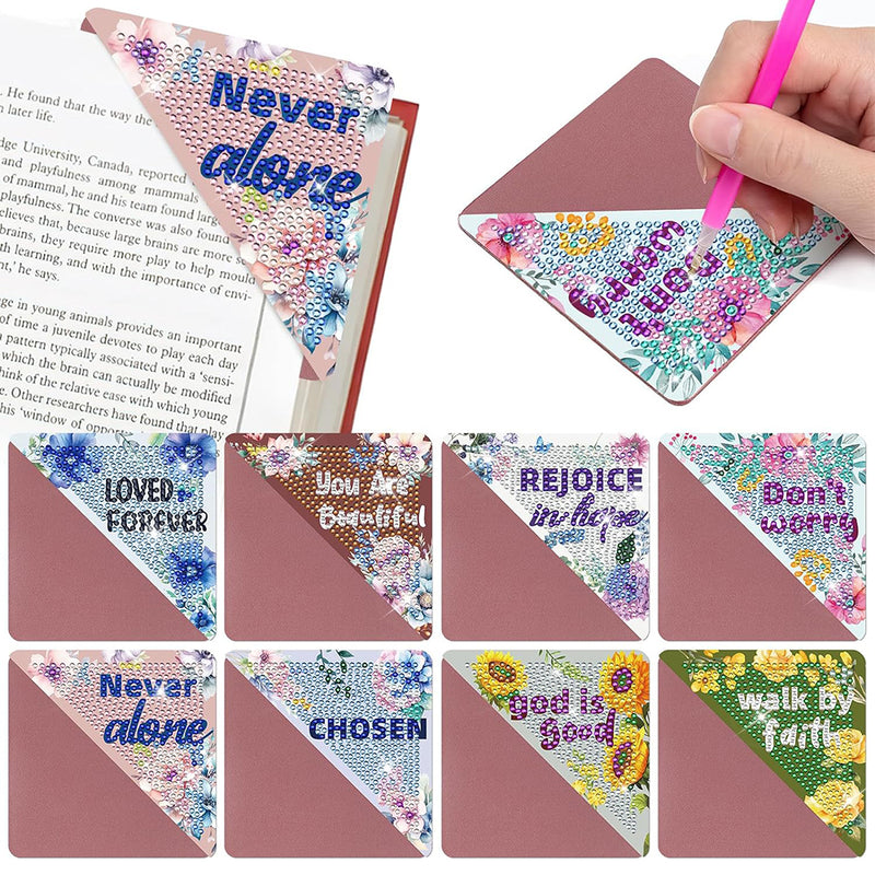 8Pcs Inspirational Text PU Corner Cover Bookmark Diamond Painting Kits