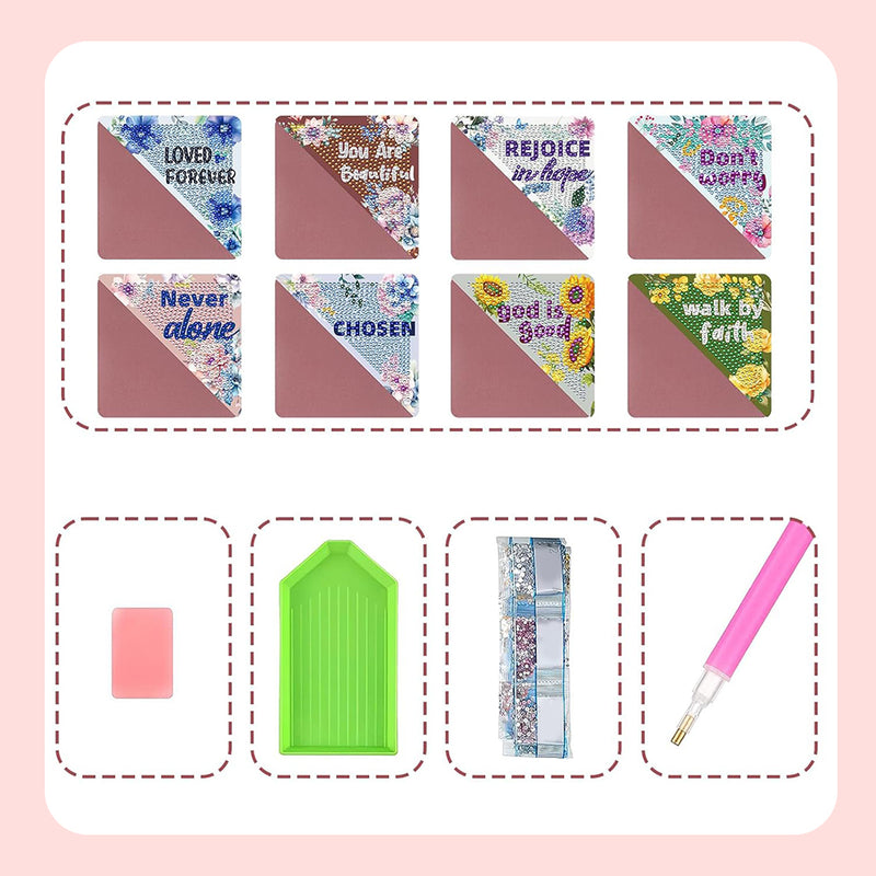 8Pcs Inspirational Text PU Corner Cover Bookmark Diamond Painting Kits