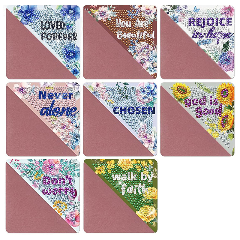 8Pcs Inspirational Text PU Corner Cover Bookmark Diamond Painting Kits