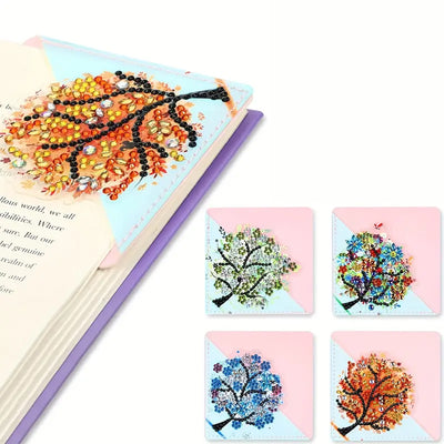 4Pcs Four Seasons Tree PU Corner Cover Bookmark Diamond Painting Kits