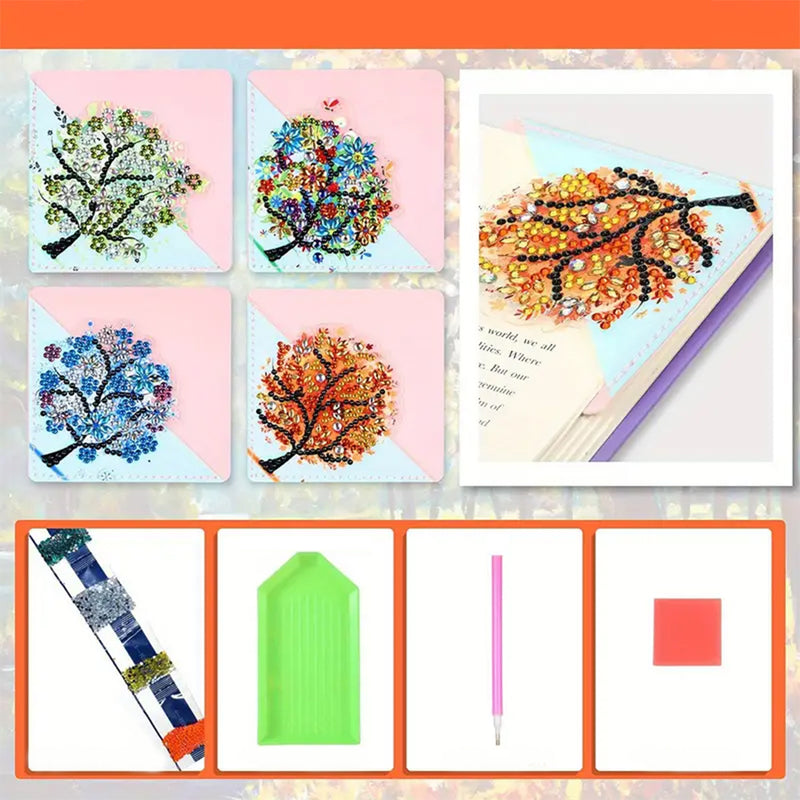 4Pcs Four Seasons Tree PU Corner Cover Bookmark Diamond Painting Kits