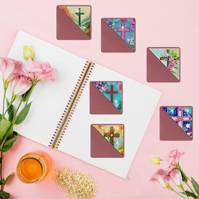 8Pcs Cross and Flower PU Corner Cover Bookmark Diamond Painting Kits