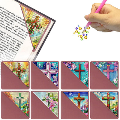 8Pcs Cross and Flower PU Corner Cover Bookmark Diamond Painting Kits