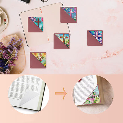 8Pcs Cross and Flower PU Corner Cover Bookmark Diamond Painting Kits