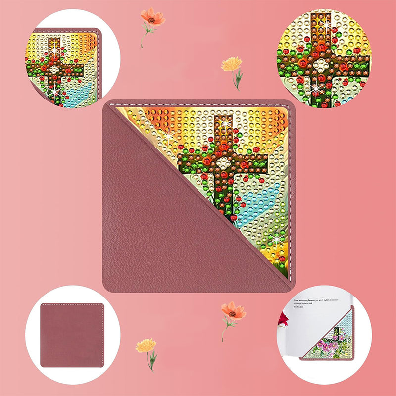 8Pcs Cross and Flower PU Corner Cover Bookmark Diamond Painting Kits