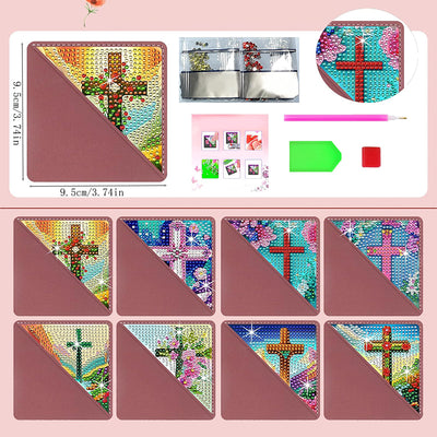 8Pcs Cross and Flower PU Corner Cover Bookmark Diamond Painting Kits