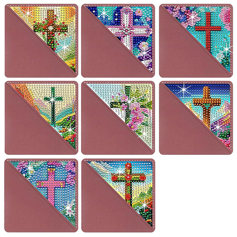 8Pcs Cross and Flower PU Corner Cover Bookmark Diamond Painting Kits