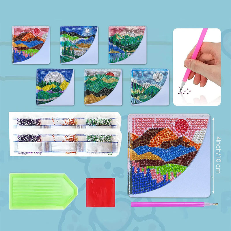 6Pcs Summer Landscape PU Corner Cover Bookmark Diamond Painting Kits