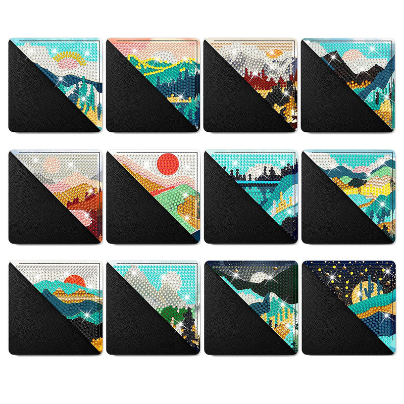 12Pcs Mountain and Sun PU Corner Cover Bookmark Diamond Painting Kits