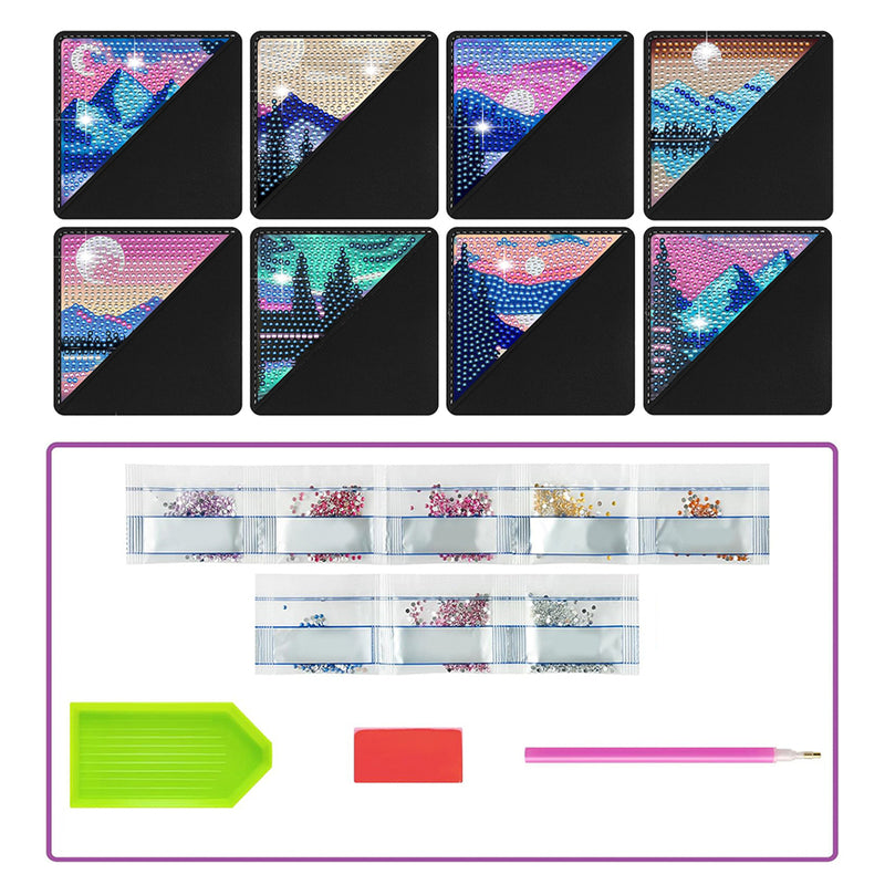 8Pcs Mountain and Moon PU Corner Cover Bookmark Diamond Painting Kits