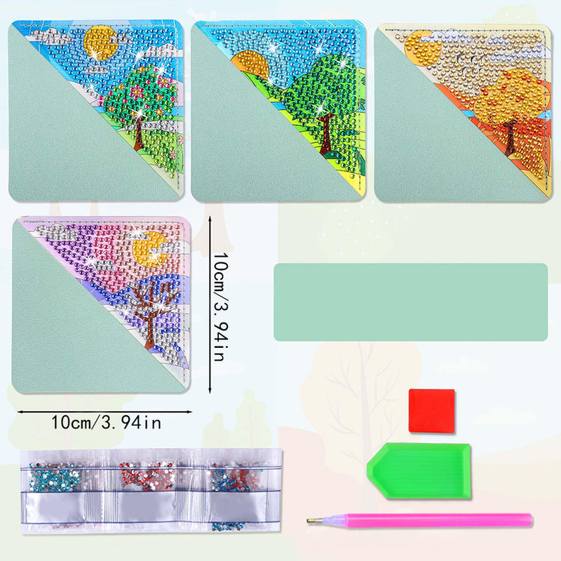 4Pcs Four Seasons Tree and Sun PU Corner Cover Bookmark Diamond Painting Kits