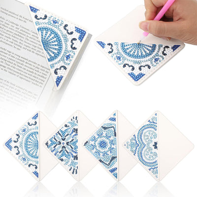 4Pcs Blue Mandala PU Corner Cover Bookmark Diamond Painting Kits