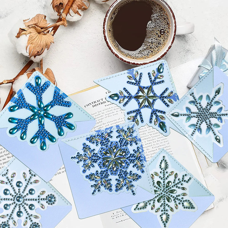 8Pcs Blue Snowflake PU Corner Cover Bookmark Diamond Painting Kits