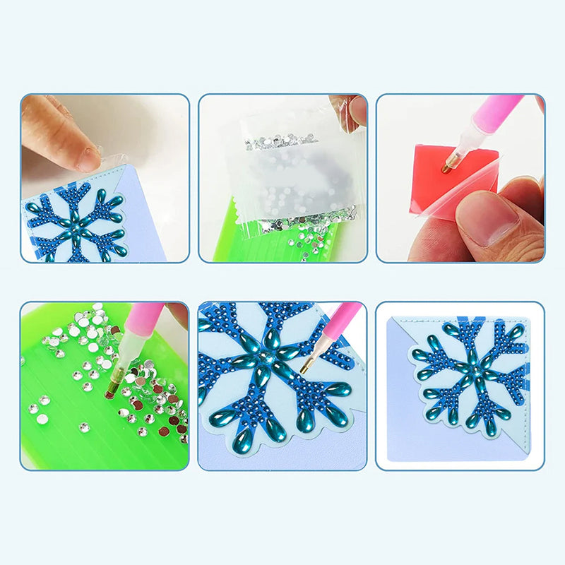 8Pcs Blue Snowflake PU Corner Cover Bookmark Diamond Painting Kits