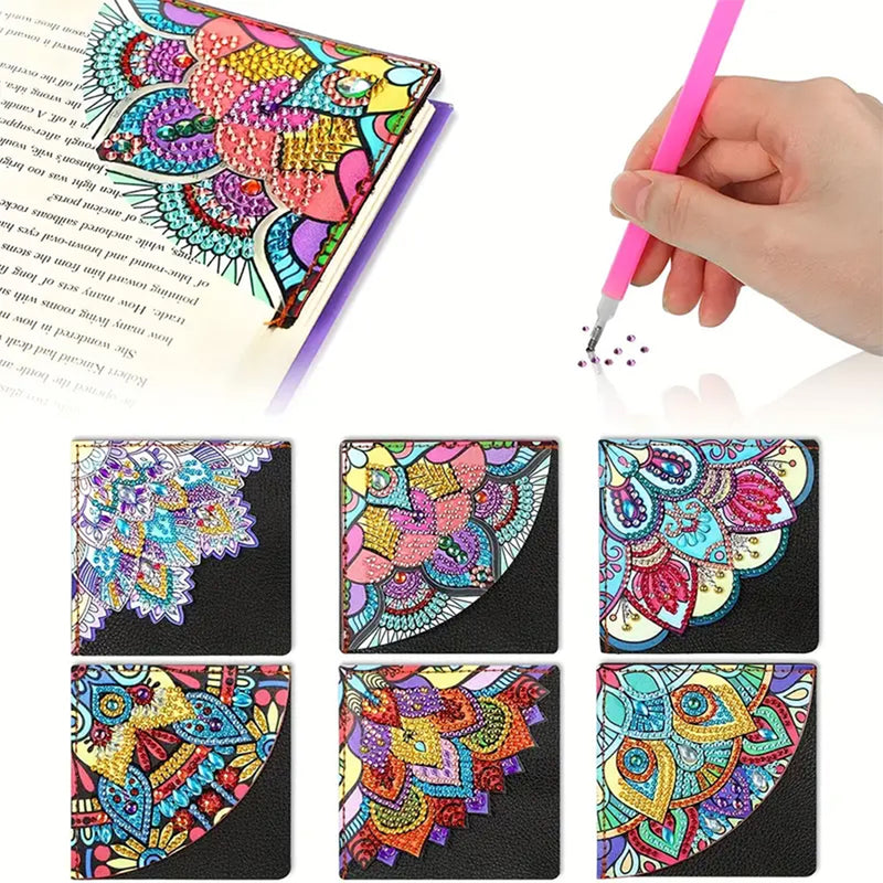 6Pcs Petal Shaped Mandala PU Corner Cover Bookmark Diamond Painting Kits