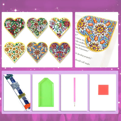 6Pcs Heart Shaped Chrysanthemum Mandala PU Corner Cover Bookmark Diamond Painting Kits