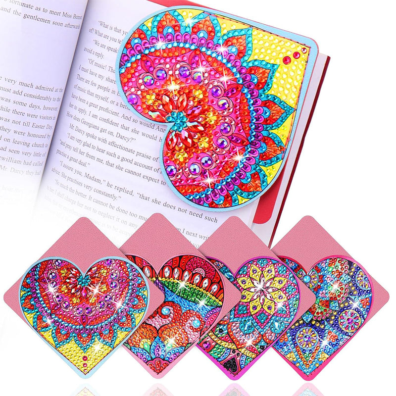 4Pcs Red Heart Shaped Mandala PU Corner Cover Bookmark Diamond Painting Kits