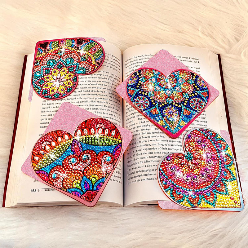 4Pcs Red Heart Shaped Mandala PU Corner Cover Bookmark Diamond Painting Kits