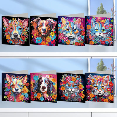 Dogs and Cats in Flowers Greeting Cards | 8 Pieces