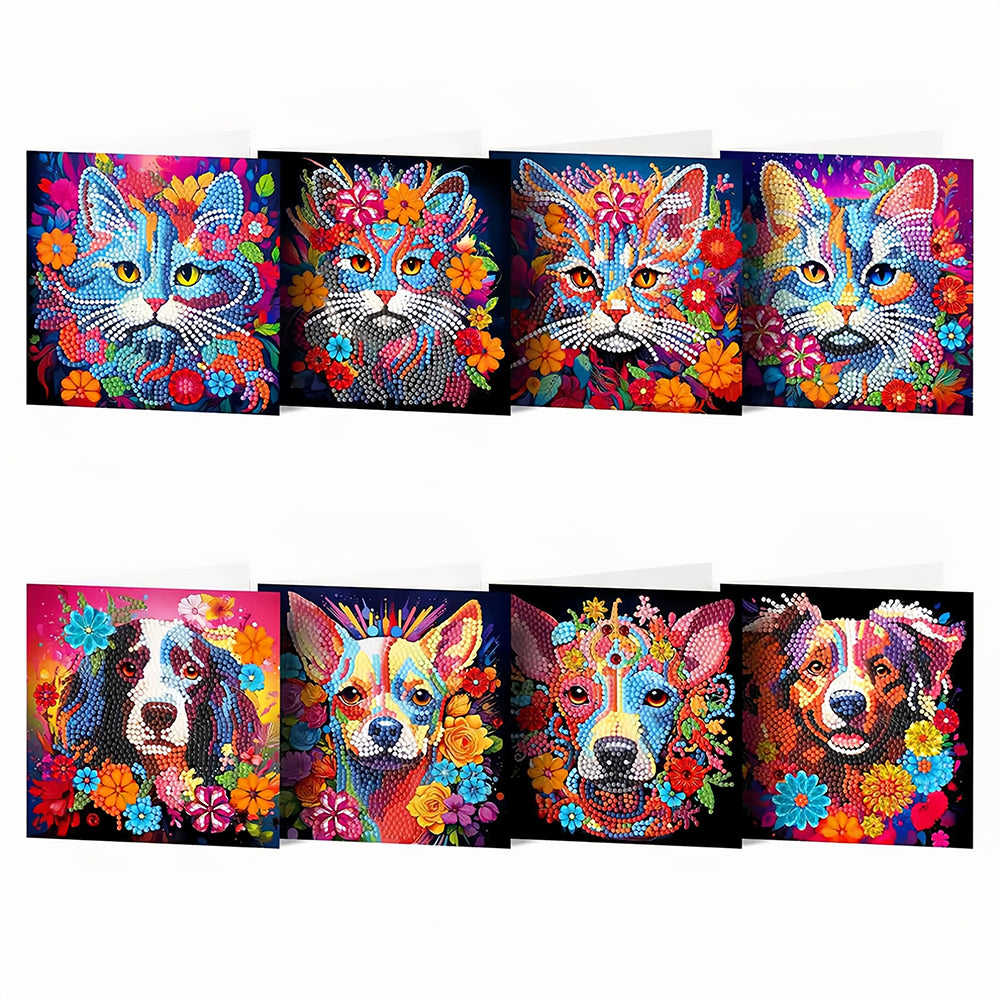Dogs and Cats in Flowers Greeting Cards | 8 Pieces