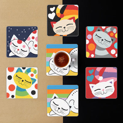 Square Cartoon Cat Diamond Painting Coasters 6Pcs