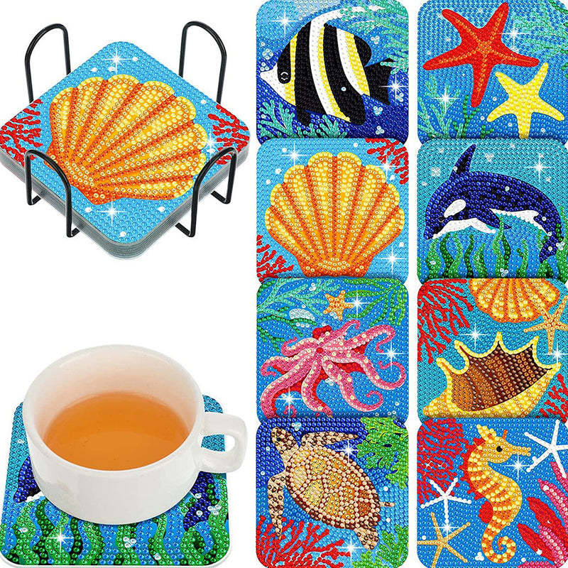 Square Marine Animal Diamond Painting Coasters 8Pcs