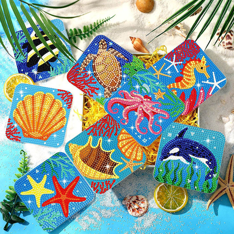 Square Marine Animal Diamond Painting Coasters 8Pcs