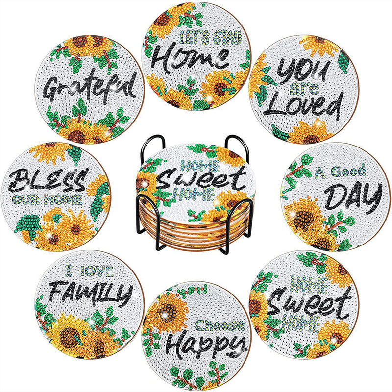 Sunflower Words Diamond Painting Coasters 8Pcs